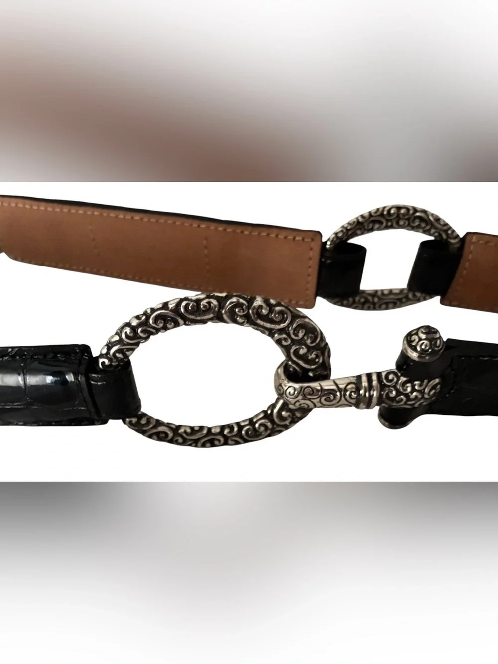Brighton Black Croc Embossed Patent Leather Hook‎ Belt size 36